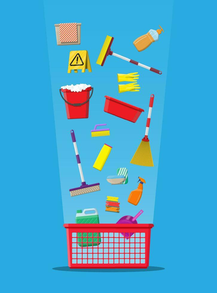 Bottle of detergent, sponge, soap and rubber gloves. Bucket, MOP, broom, dustpan. Accessories for washing dishes and house cleaning. Dishwashing. Vector illustration in flat style