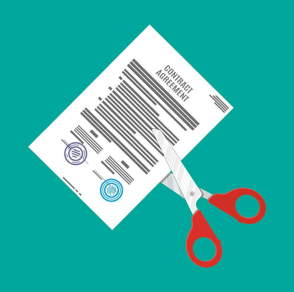 Scissors cutting contract document. Contract termination concept. Vector illustration in flat style