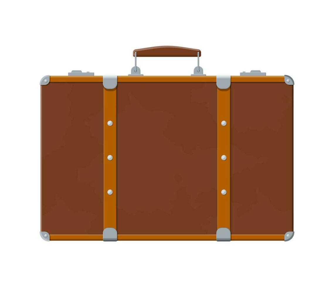 Vintage old travel suitcase. Leather retro bag. Brown briefcase with belts. Travel baggage and luggage. Vector illustration in flat style