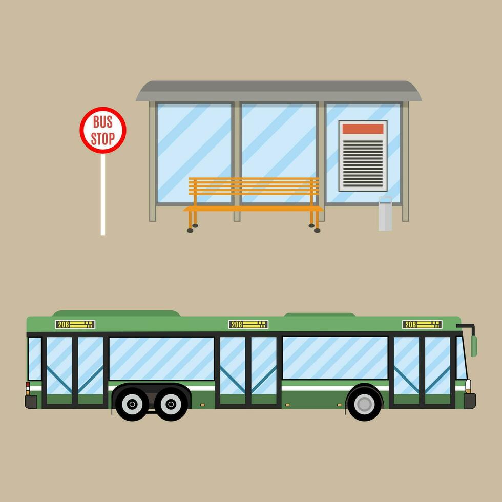 bus stop with seats and green city bus. vector illustration in flat design on brown background