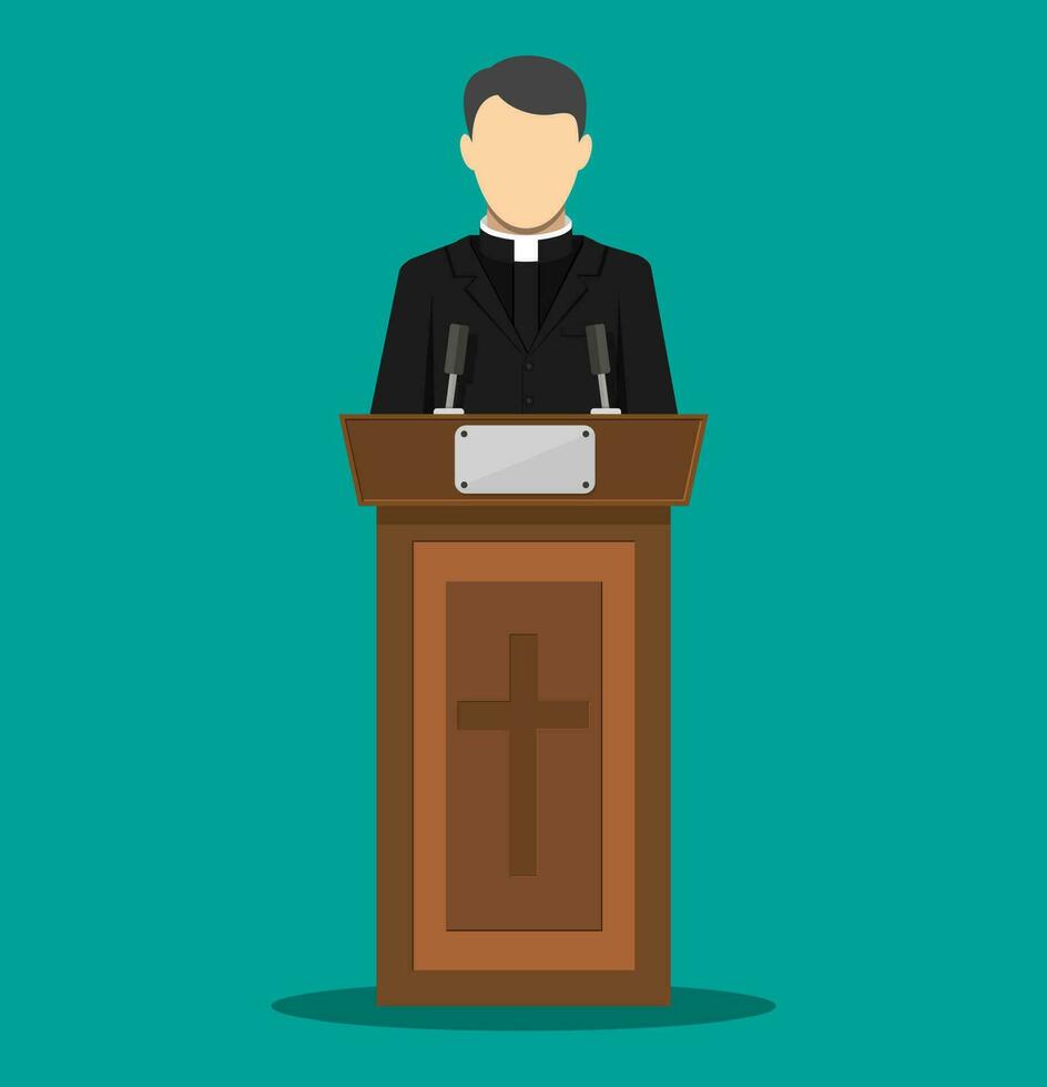 Priest giving speech from tribune. Catholic preacher person. Pastor servant of god in cassock. Vector illustration in flat style