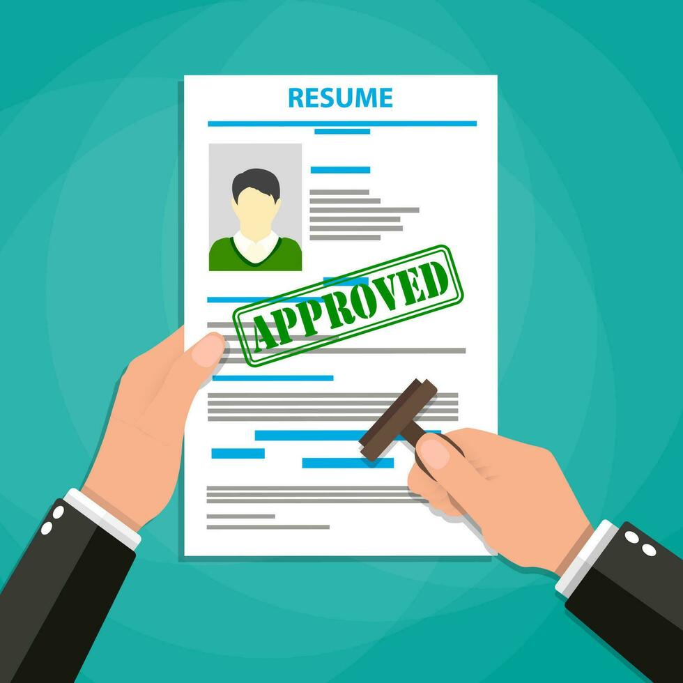 Hand holding resume and stamp with Approved stamp mark. Human resources management concept, searching professional staff, analyzing resume papers, work. vector illustration in flat design
