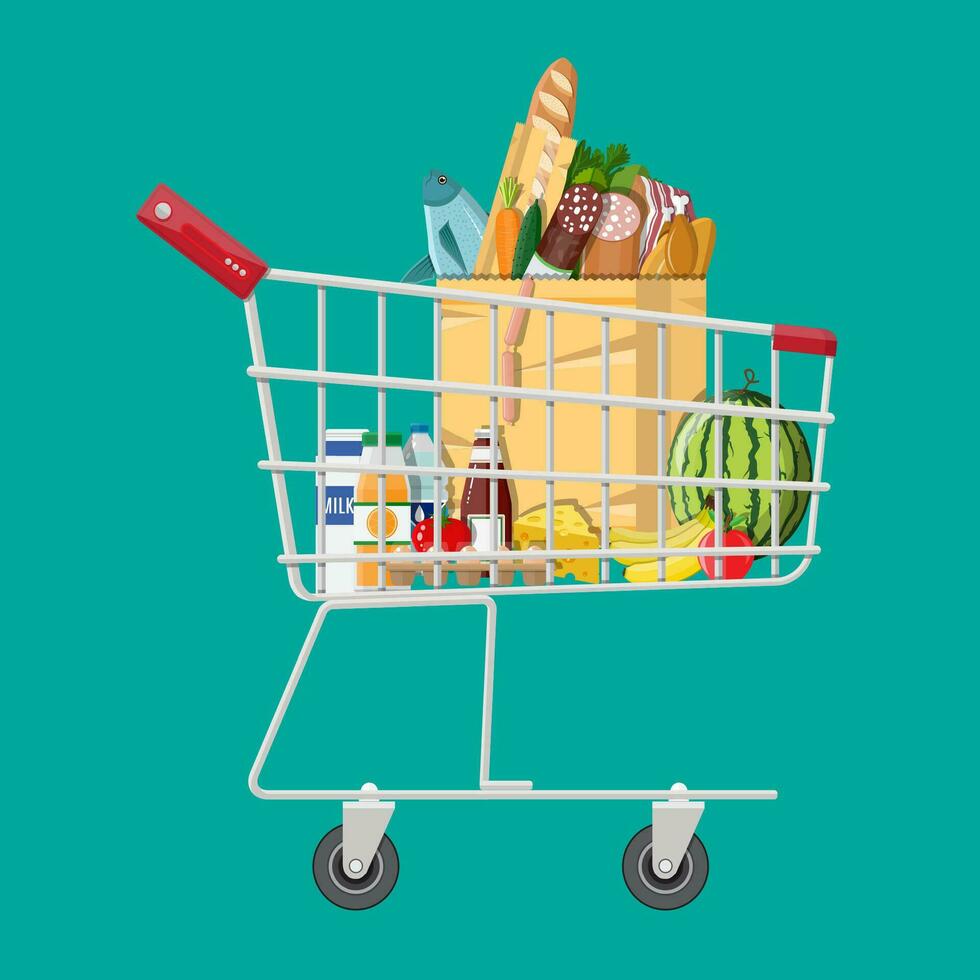 Shopping cart full of groceries products. Grocery store. Supermarket. Fresh organic food and drinks. Vector illustration in flat style