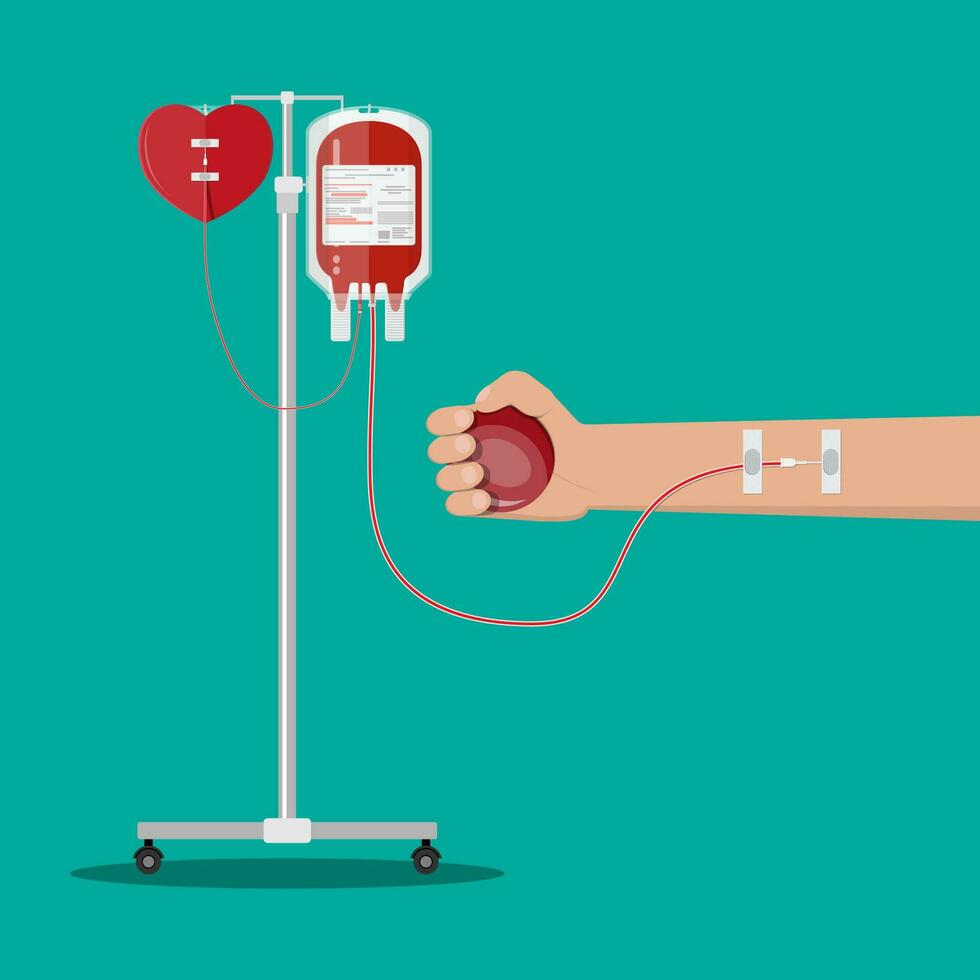 Blood bag and heart at holder, hand of donor with ball. Blood donation day concept. Human donates blood. Vector illustration in flat style.