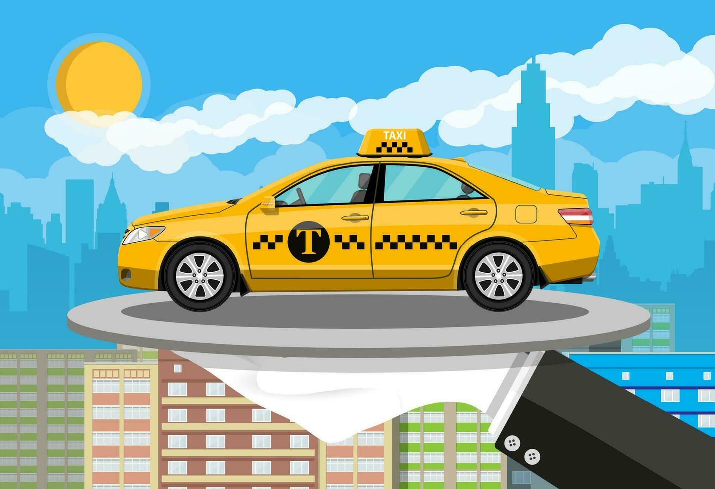 Driver hand with silver cloche serving yellow taxi cab car on plate. City skyline silhouette at day. Skyscappers, towers, buildings. Taxi service concept. Vector illustration in flat style