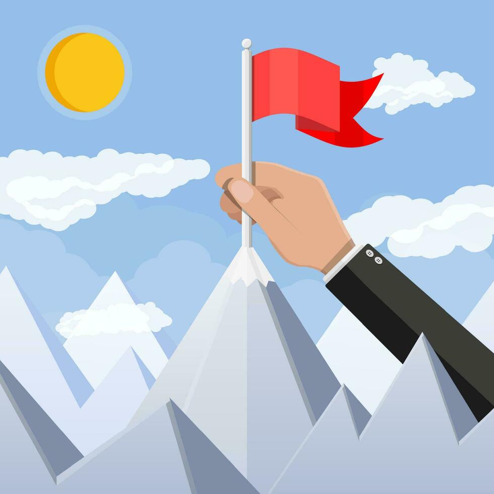 Businessman hand puts flag on peak of mountain. Business success, target, triumph, goal or achievement. Winning of competition. Rocky mountains, sky with clouds and sun. Vector illustration flat style