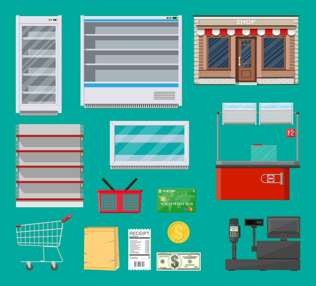 Supermarket items set. Fridge, shelf, cart, basket, paper shopping bag, shop store building, grocery checkout counter, payment options and cash machine. Vector illustration in flat style