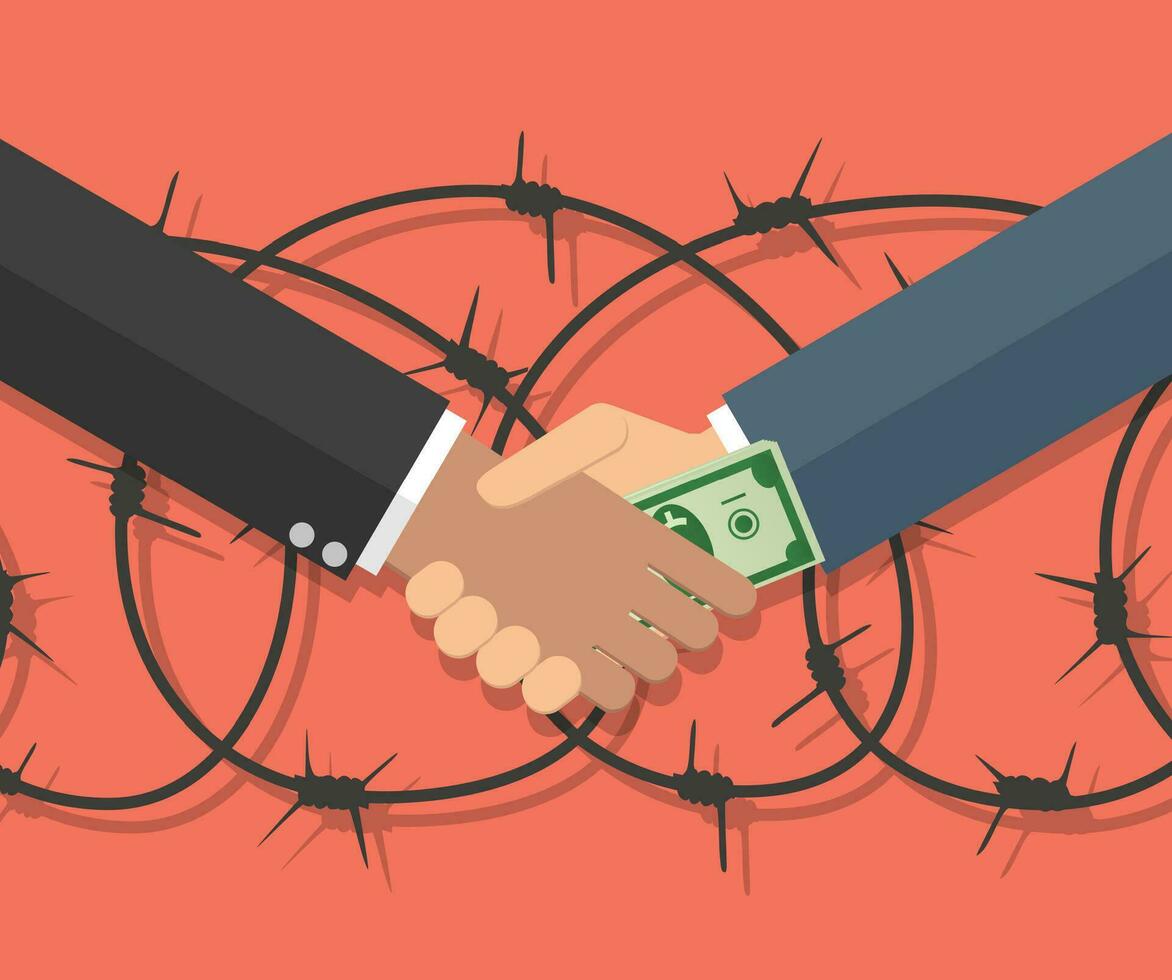 Cartoon Businessman giving a bribe. Vector illustration in flat design on red background with barbed wire. anti Corruption concept.