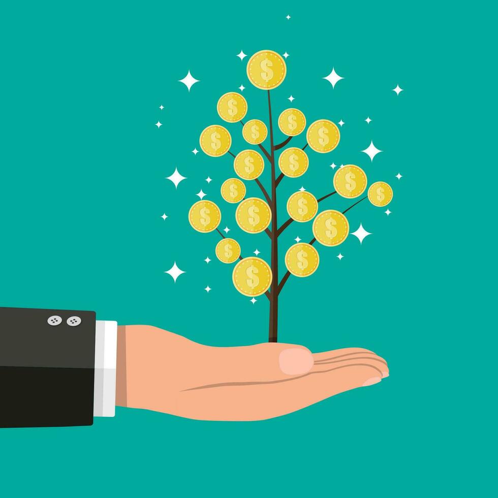 Businessman hand with coin tree. Golden coins with dollar sign. Growth, income, savings, investment. Vector illustration in flat style