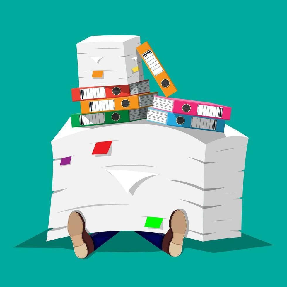 Stressed businessman under pile of office papers and documents. Stress at work. Overworked. File folders. Carton boxes. Bureaucracy, paperwork. Vector illustration in flat style