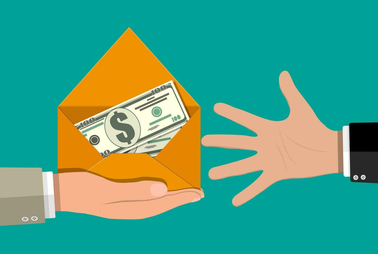 Dollar cash in envelope in hand. Prize, money payroll, income. Send money. Hidden wages, salaries black payments, tax evasion. Vector illustration in flat style