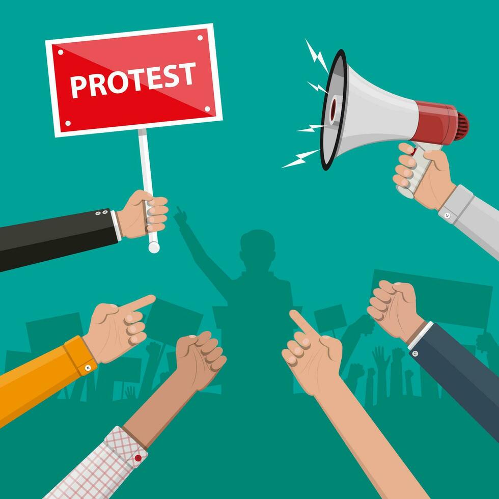 Cartoon hands of demonstrants and hand with megaphone, protest concept, revolution, conflict. Vector illustration in flat style