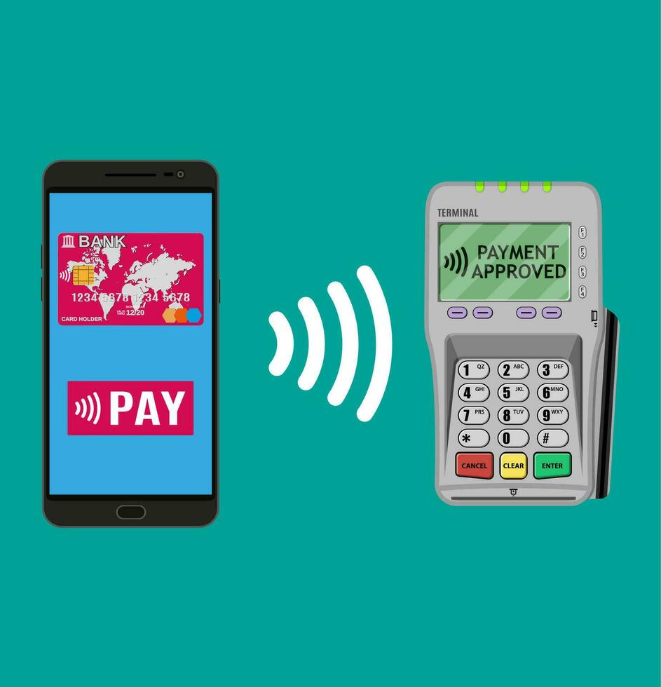 Pos terminal confirms the payment by smartphone. Vector illustration in flat design. nfc payments concept