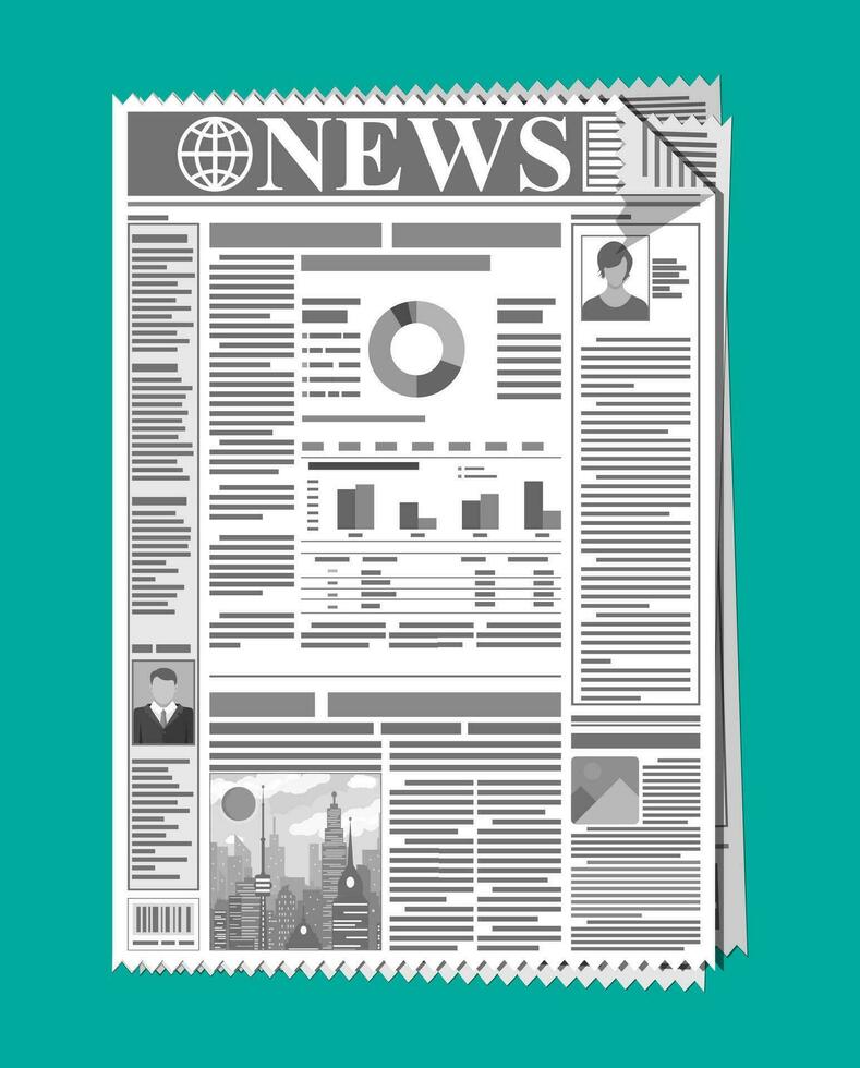 Daily newspaper in black and white. News journal design. Pages with various headlines, images, quotes, text and articles. Media, journalism and press. Vector illustration in flat style.