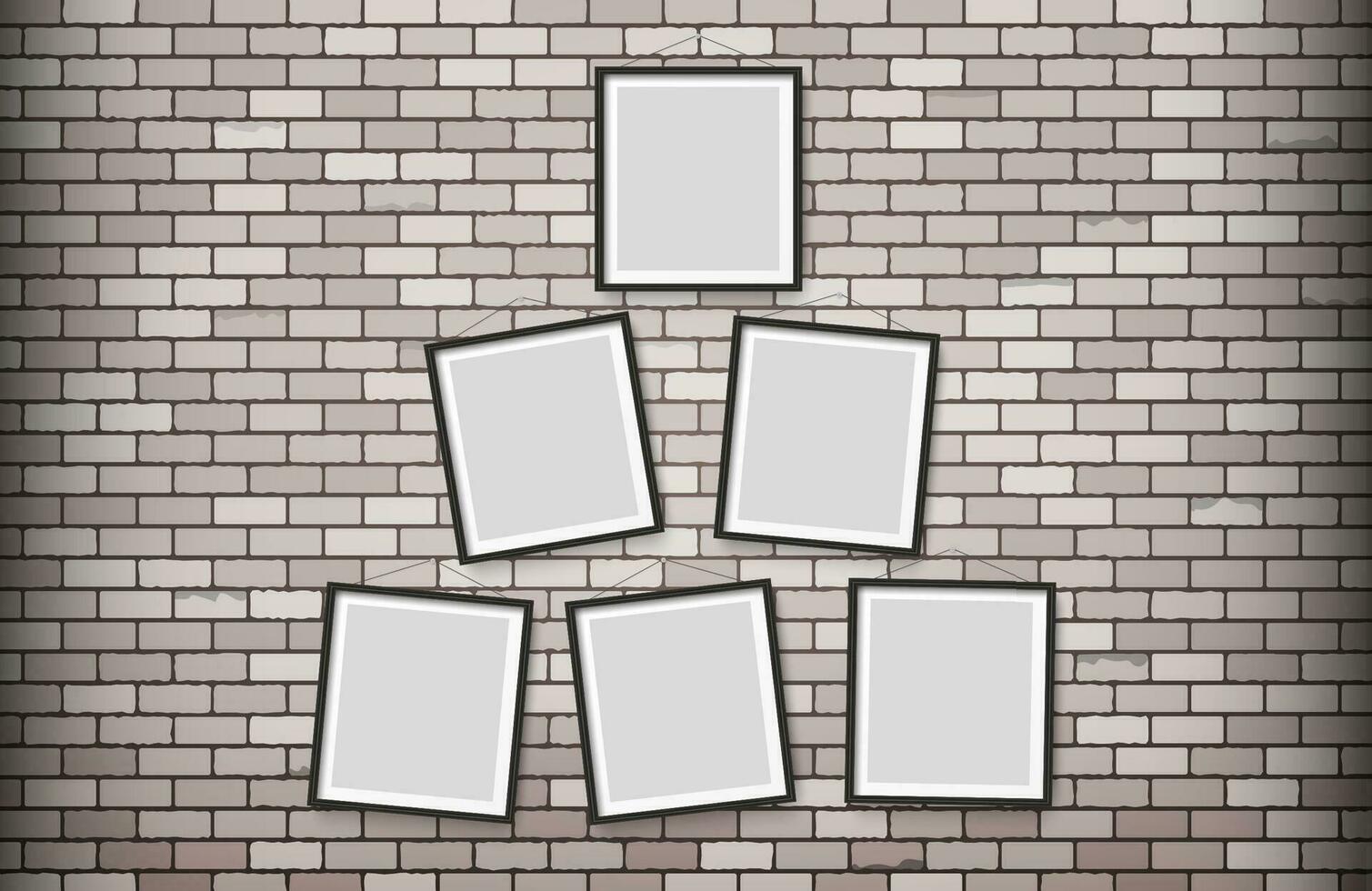 Six wooden black photo picture frames on the white bricks wall. vector illustration