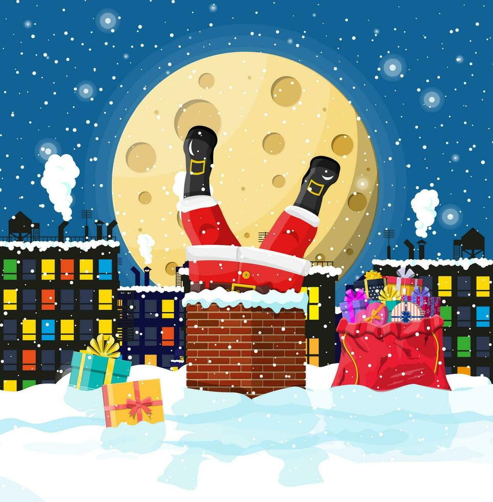Santa claus with bag with gifts stuck in house chimney, gift boxes in snow. Happy new year decoration. Merry christmas eve holiday. New year and xmas celebration. Vector illustration in flat style