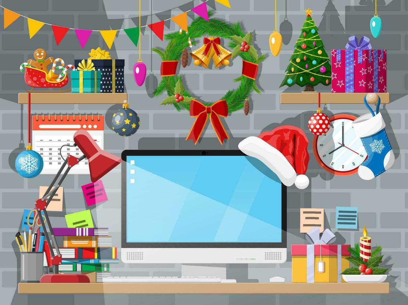 Navidad o nuevo año oficina escritorio espacio de trabajo interior. regalo caja, Navidad árbol, computadora ordenador personal, guirnalda libros relojes calendario. vector ilustración. fiesta Navidad celebracion. vector ilustración plano estilo