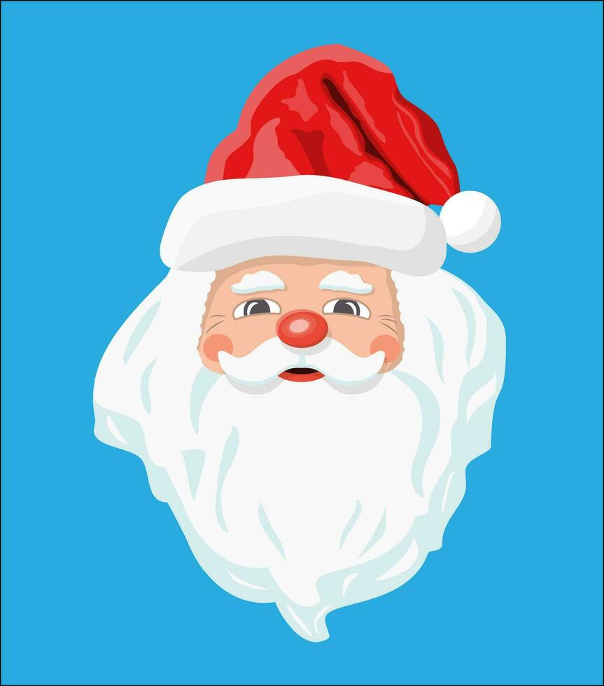 Santa claus head with beard and red hat. Happy new year decoration. Merry christmas holiday. New year and xmas celebration. Vector illustration in flat style