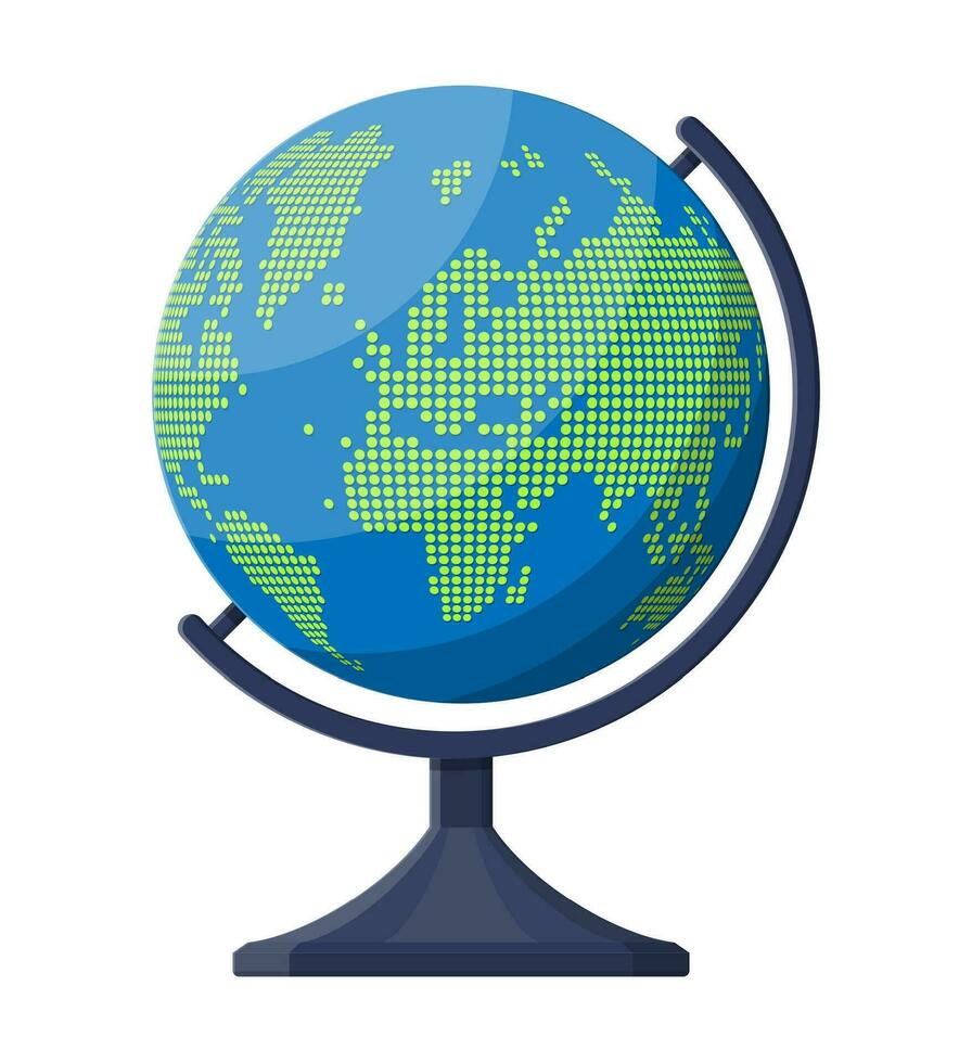 World map silhouette. Globe in dots on plastic stand. Cartography and geography. Vector illustration in flat style