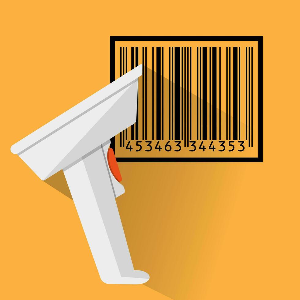 hand held barcode scanner with long shadow and black bar code. vector illustration in flat design on orange background