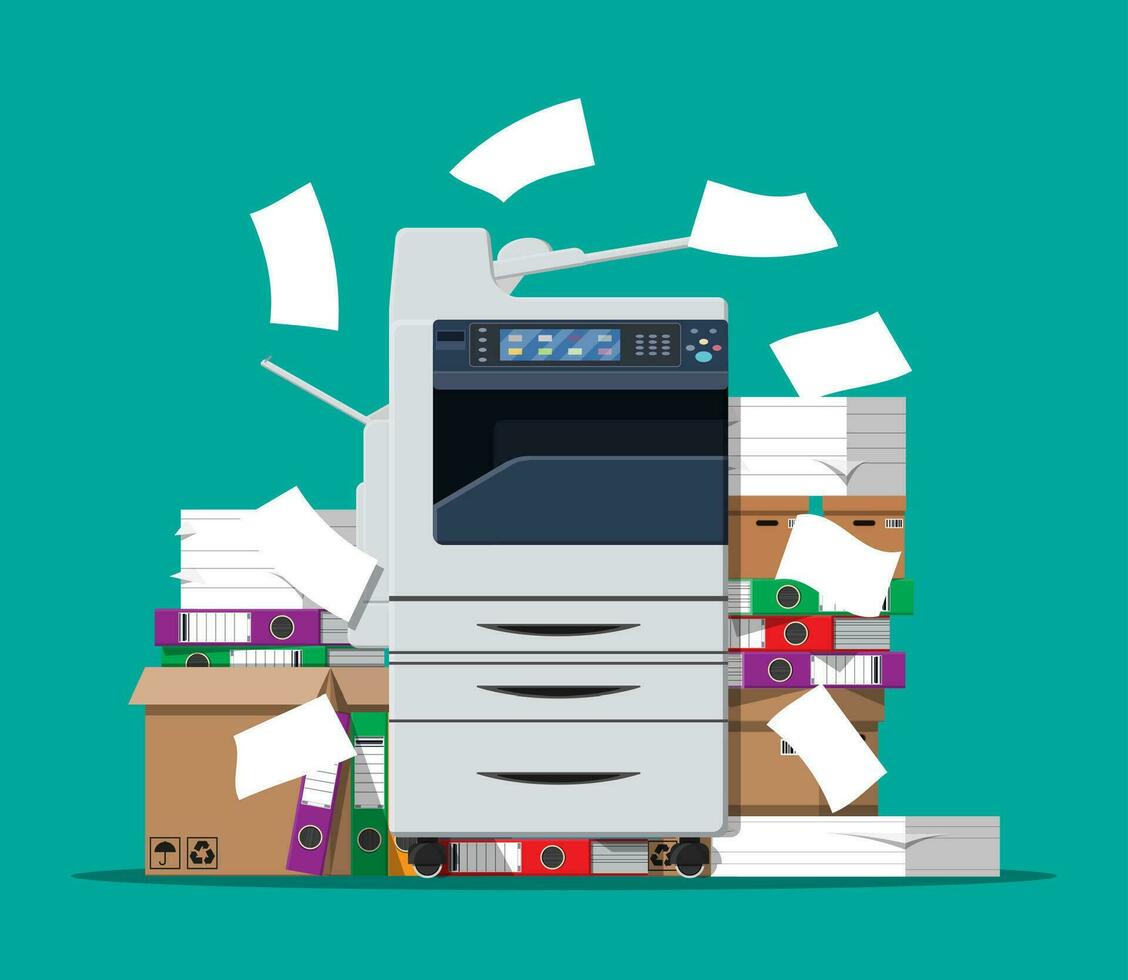 Office multifunction machine. Pile of paper documents, boxes and folders. Bureaucracy, paperwork, office. Printer copy scanner device. Proffesional printing station. Vector illustration in flat style