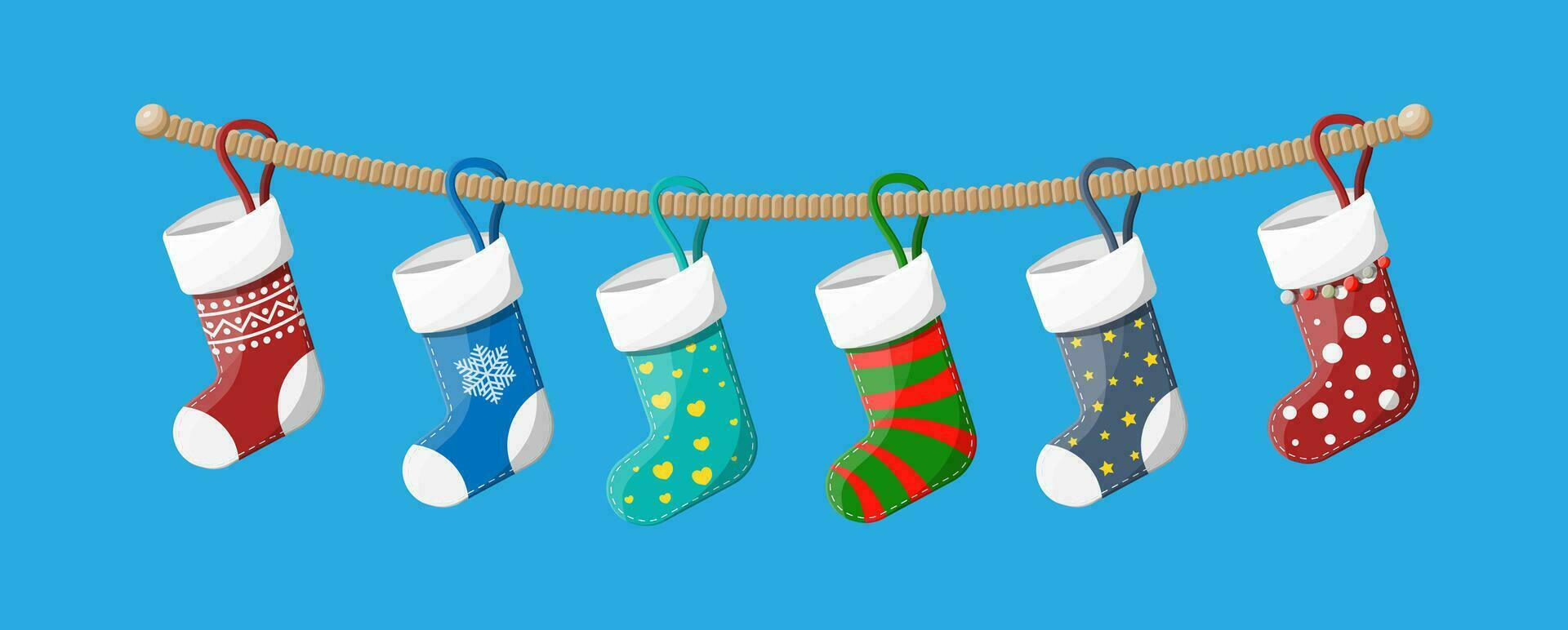 Christmas stockings in various colors on rope. Set of christmas cloth socks. Hanging holiday decorations for gifts. New year and xmas celebration. Vector illustration in flat style