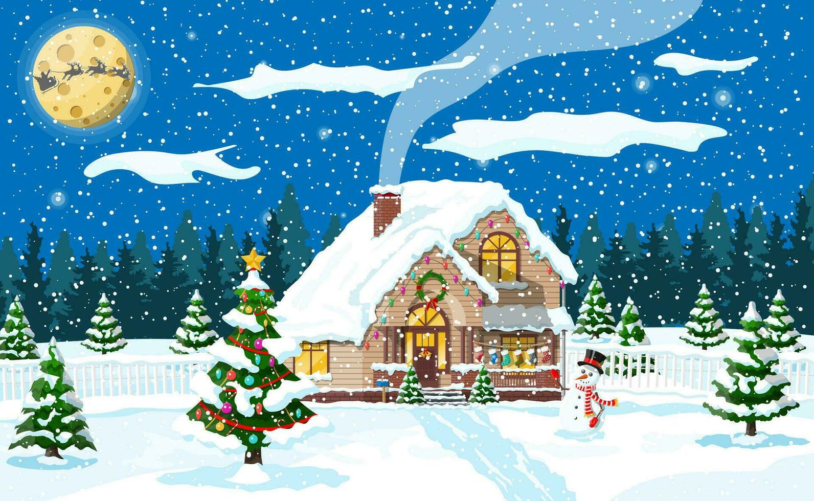 suburbano casa cubierto nieve. edificio en fiesta ornamento. Navidad paisaje árbol, muñeco de nieve, Papa Noel trineo renos nuevo año decoración. alegre Navidad fiesta Navidad celebracion. vector ilustración