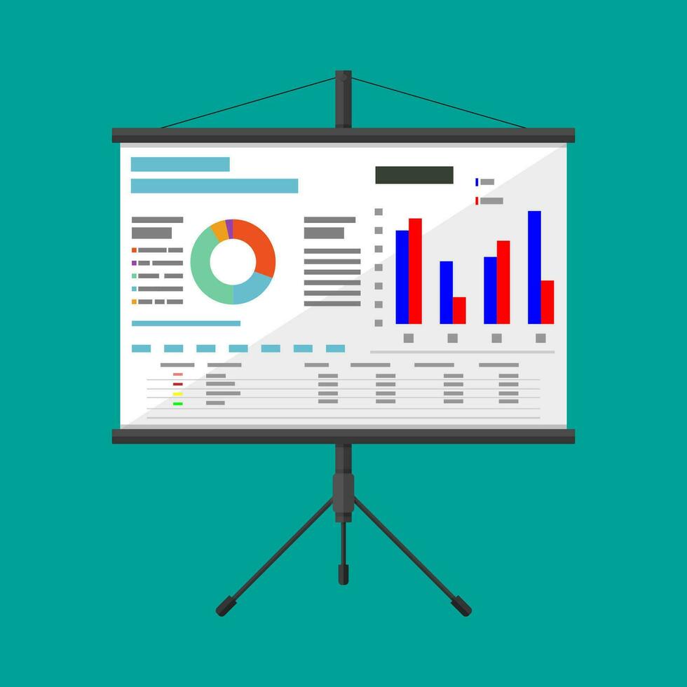 Projector screen with business presentation. chart pie, financial report. vector illustration in flat style