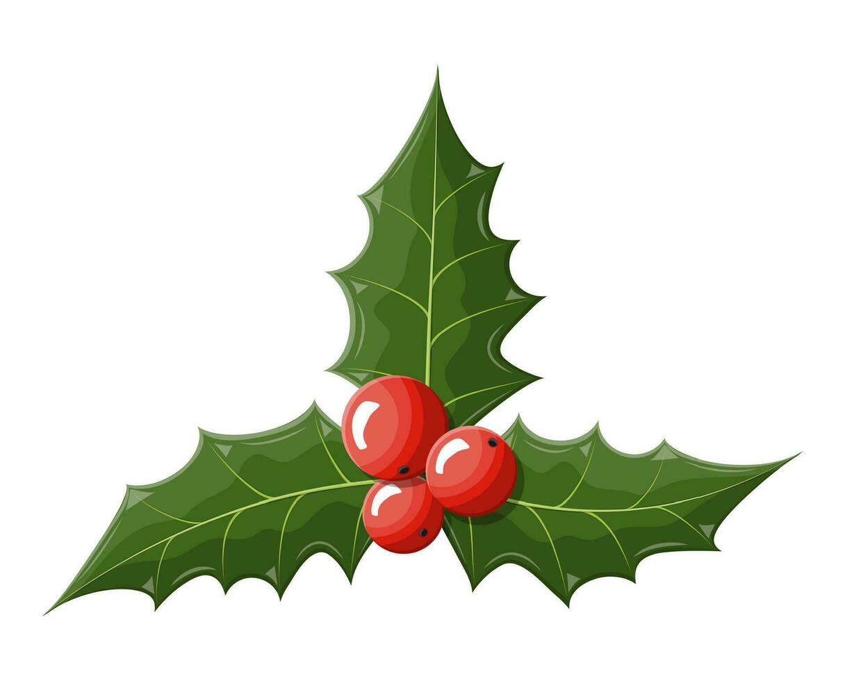 Twig of holly with leaves and berries on white background. Happy new year decoration. Merry christmas holiday. New year and xmas celebration. Vector illustration in flat style