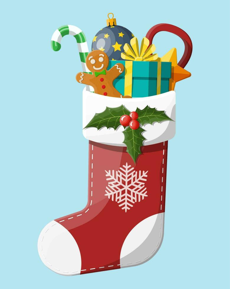 Christmas sock stocking with holly, gift box, gingerbread man, glass ball candy cane. Happy new year decoration. Merry christmas holiday. New year and xmas celebration. Vector illustration flat style