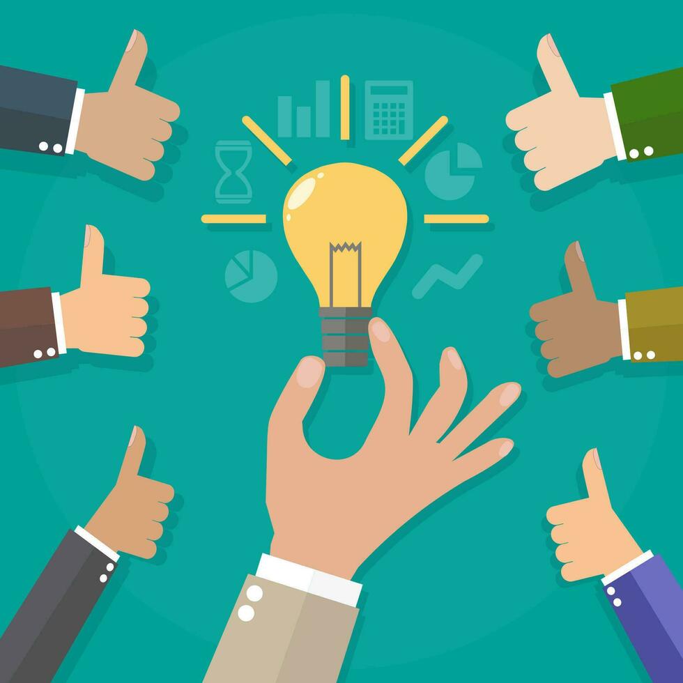 Cartoon businessman Hand holding bulb and another hands hold thumbs up. idea concept. vector illustration in flat design on green background