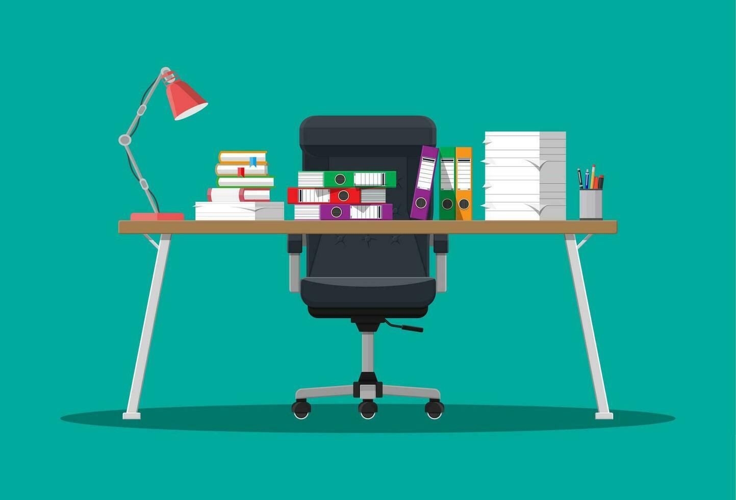 Pile of paper documents and file folders on office table. Paper stacks. Bureaucracy, paperwork, office. Chair, desk. Vector illustration in flat style