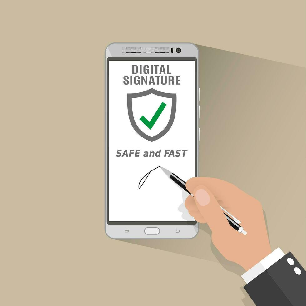 Businessman Hand Sign Digital Signature on Smart Phone. vector illustration in flat design on light background