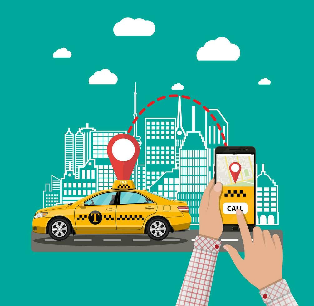 urbano paisaje urbano con Taxi taxi, mano con teléfono inteligente y Taxi Servicio solicitud. vector ilustración en plano estilo