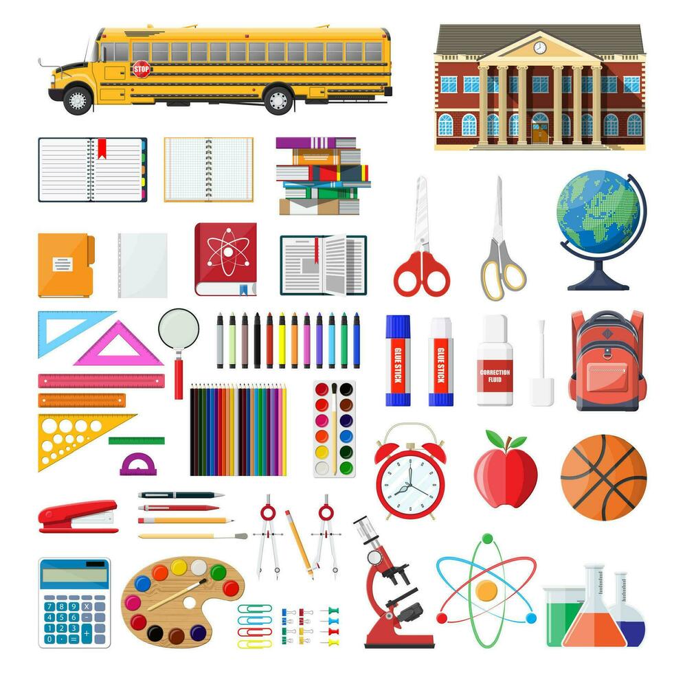 Big school set. Different school supplies, stationery. Note globe paint pencil pen calculator backpack clock scissors ball apple building schoolbus ruler atom. Vector illustration in flat style