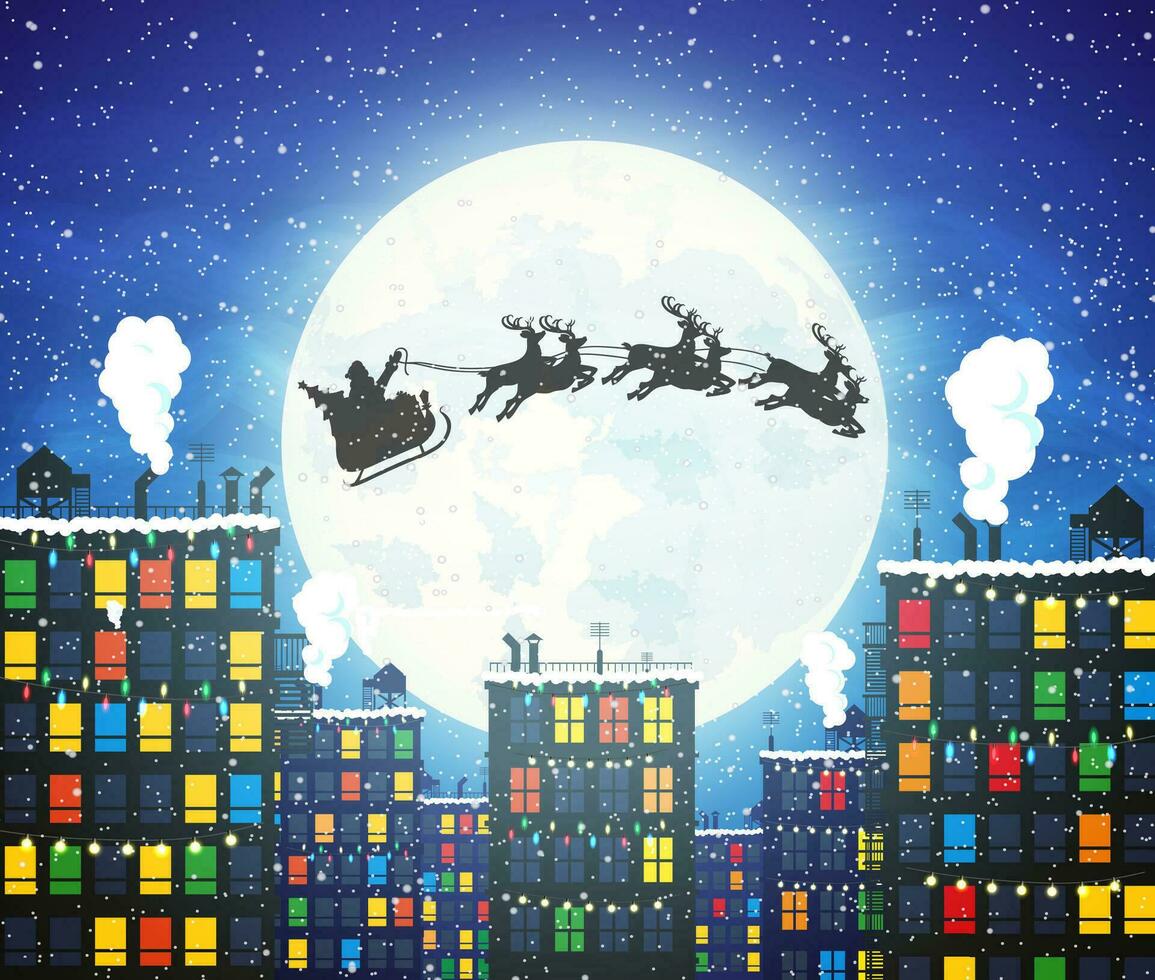 Papa Noel claus en trineo y su renos con Luna en cielo. casas en nevada. contento nuevo año decoración. alegre Navidad día festivo. nuevo año y Navidad celebracion. vector ilustración