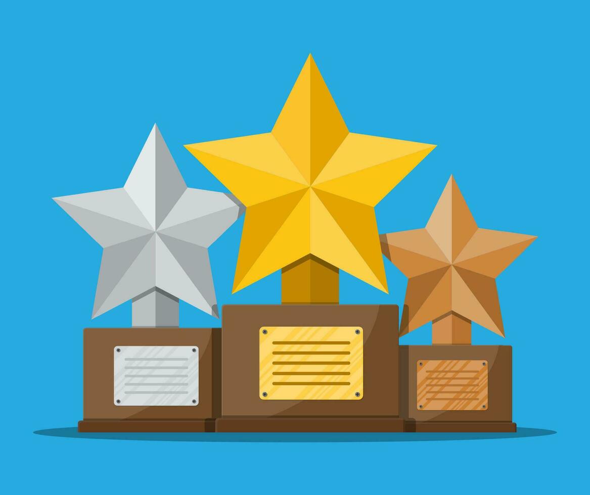 Trophy winner gold silver and bronze cup with wooden base. Star shape. Award, victory, champion achievement. Vector illustration in flat style