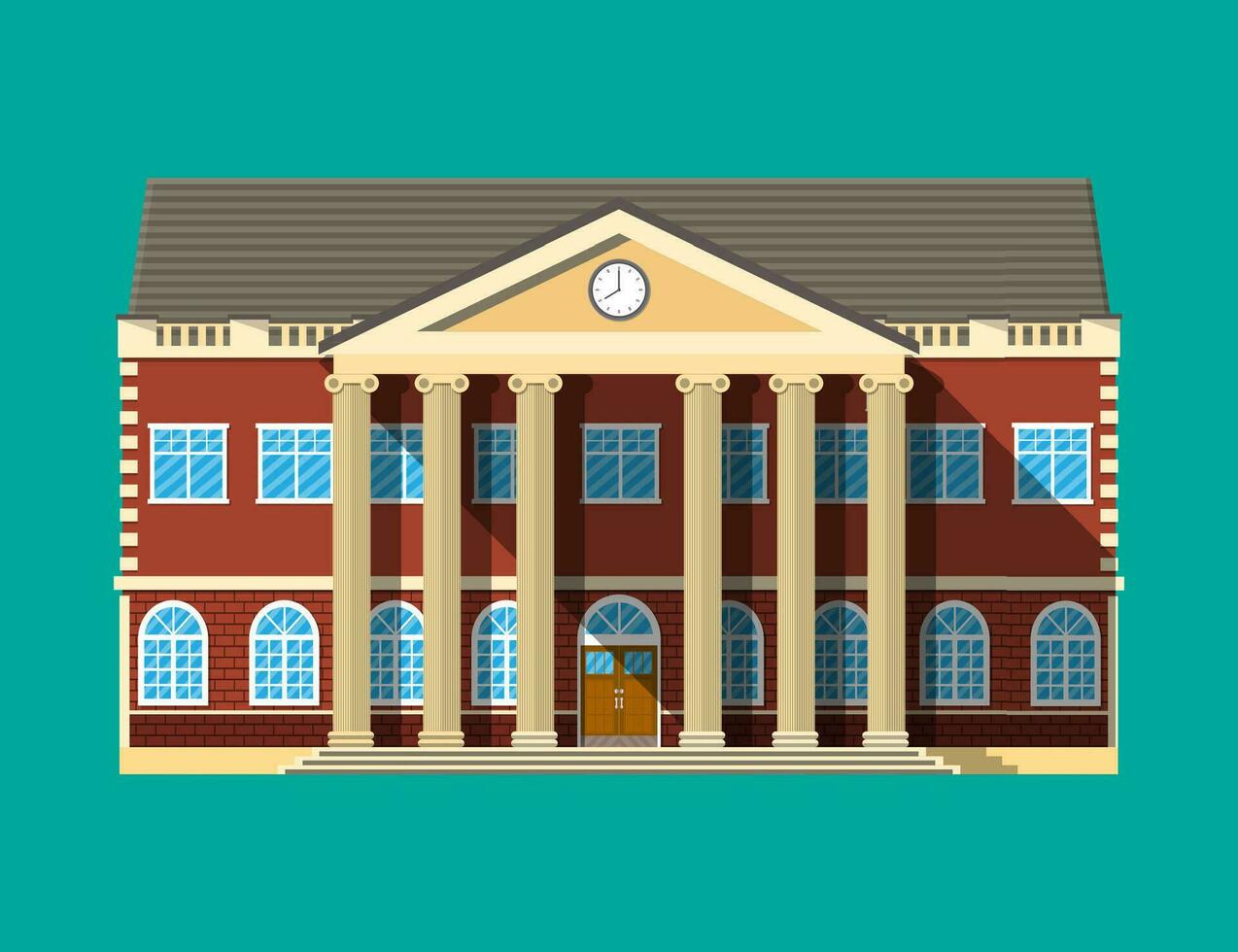 School building. Brick facade with clocks. Public educational institution. College or university organization. Vector illustration in flat style
