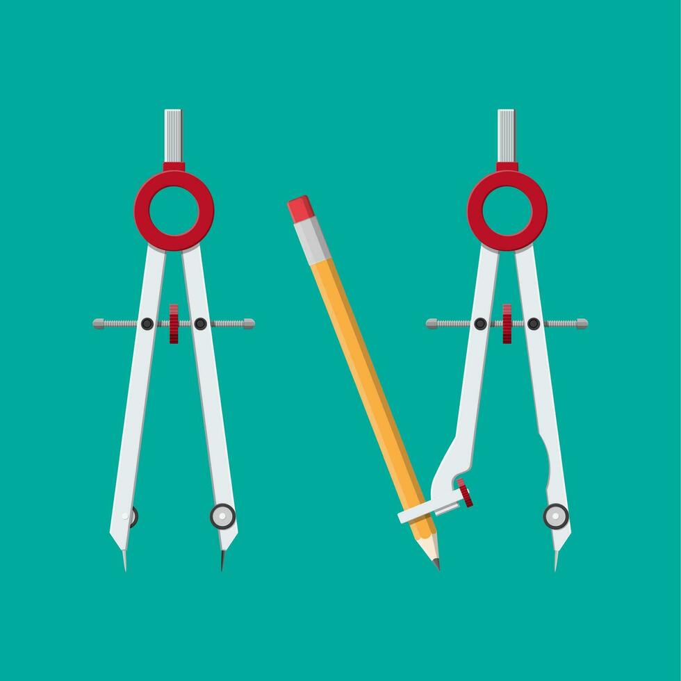 Metalic drawing compass. Divider caliper with attached pencil for office supply, school, stationery. Office and education equipment. Vector illustration in flat style