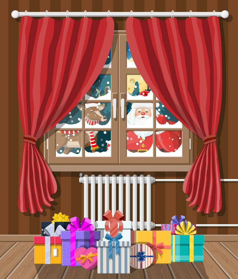 Santa claus and his reindeer looks in living room window. Interior of room with gifts. Happy new year decoration. Merry christmas holiday. New year and xmas celebration. Vector illustration flat style