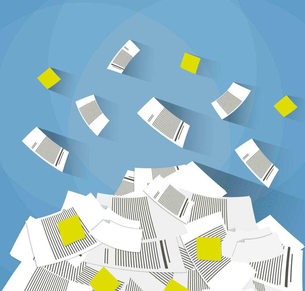 pile of office papers on floor. Stress at work, busy time. Vector illustration in flat design on blue background