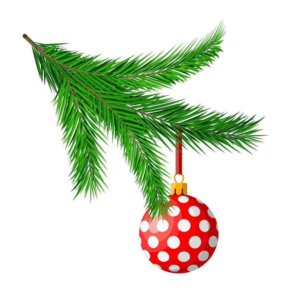 Christmas tree branches and hanging glitter ball. Glass toy baubles. Happy new year decoration. Merry christmas holiday. New year and xmas celebration. Vector illustration in flat style