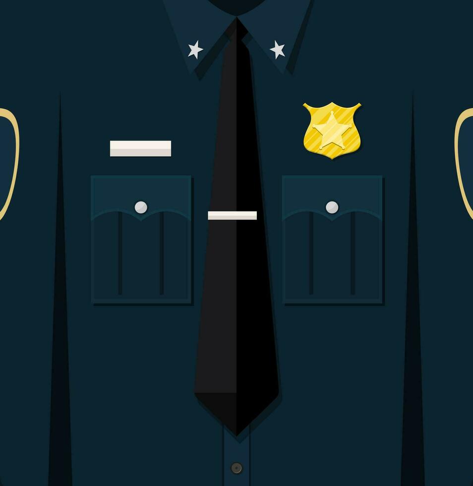 Folded blue policeman uniform with badge. Vector illustration in flat style