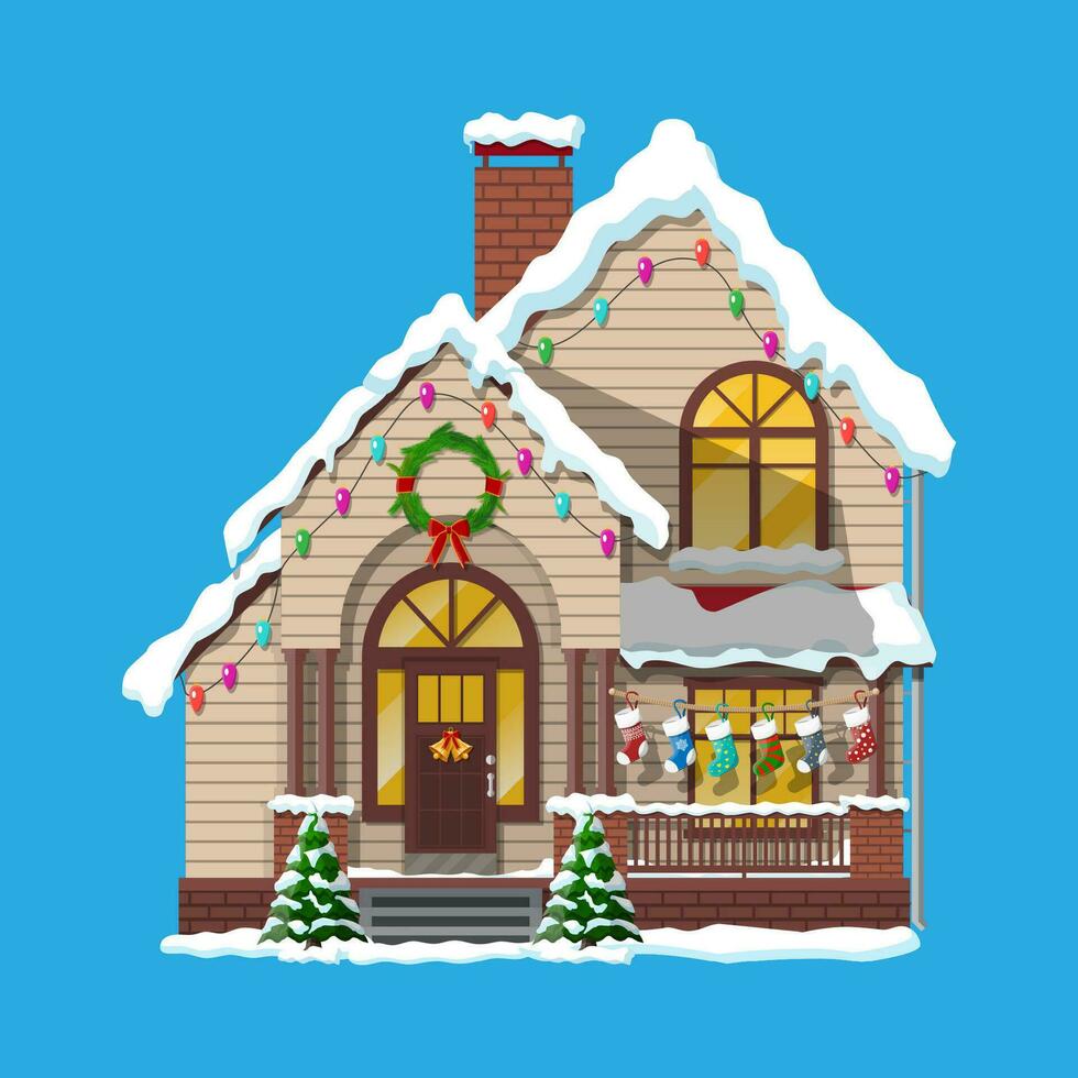 Suburban house covered snow. Building in holiday ornament. Christmas tree spruce, wreath. Happy new year decoration. Merry christmas holiday. New year and xmas celebration. Vector illustration