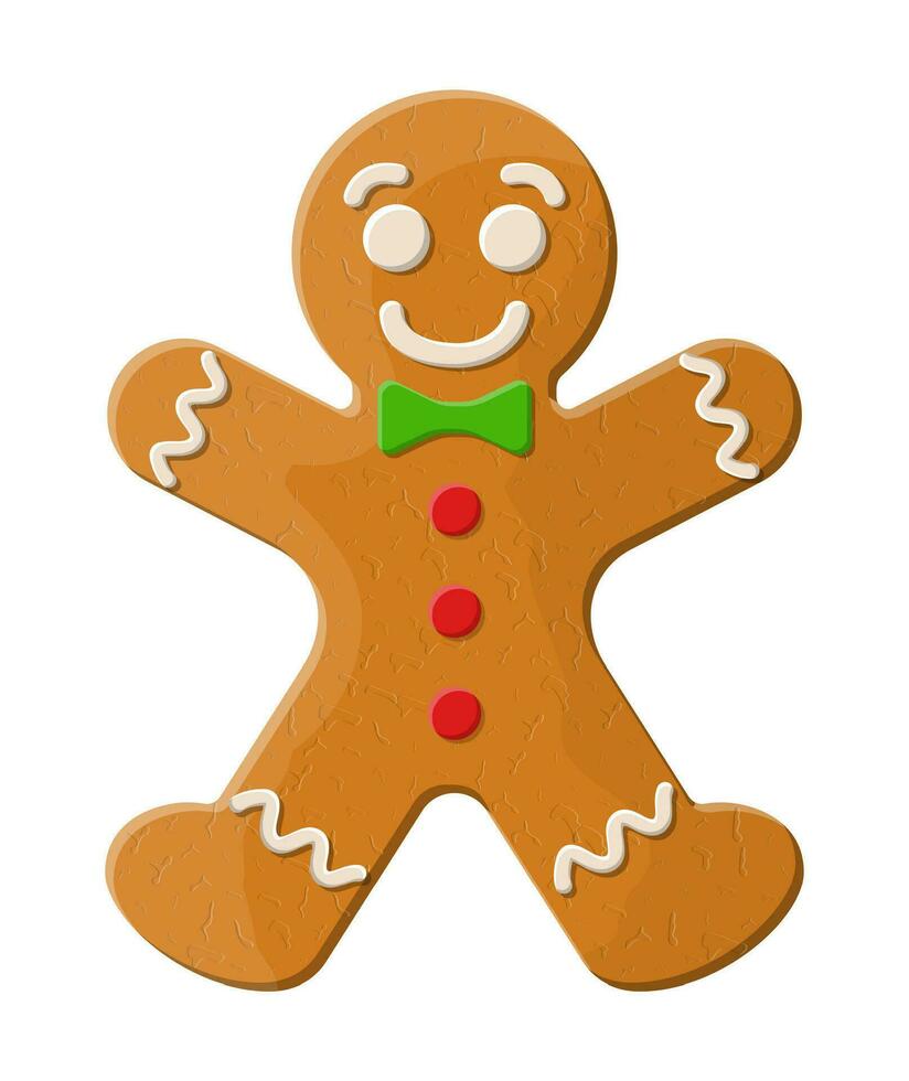 Holiday gingerbread man cookie. Cookie in shape of man with colored icing. Happy new year decoration. Merry christmas holiday. New year and xmas celebration. Vector illustration in flat style