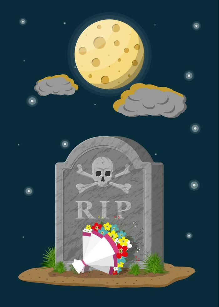 lápida sepulcral con cráneo y cruzado huesos. antiguo lápida sepulcral con grietas y rotura inscripción. flores, luna, estrellas y nubes cementerio, muerte, funeral, tumba. vector ilustración en plano estilo