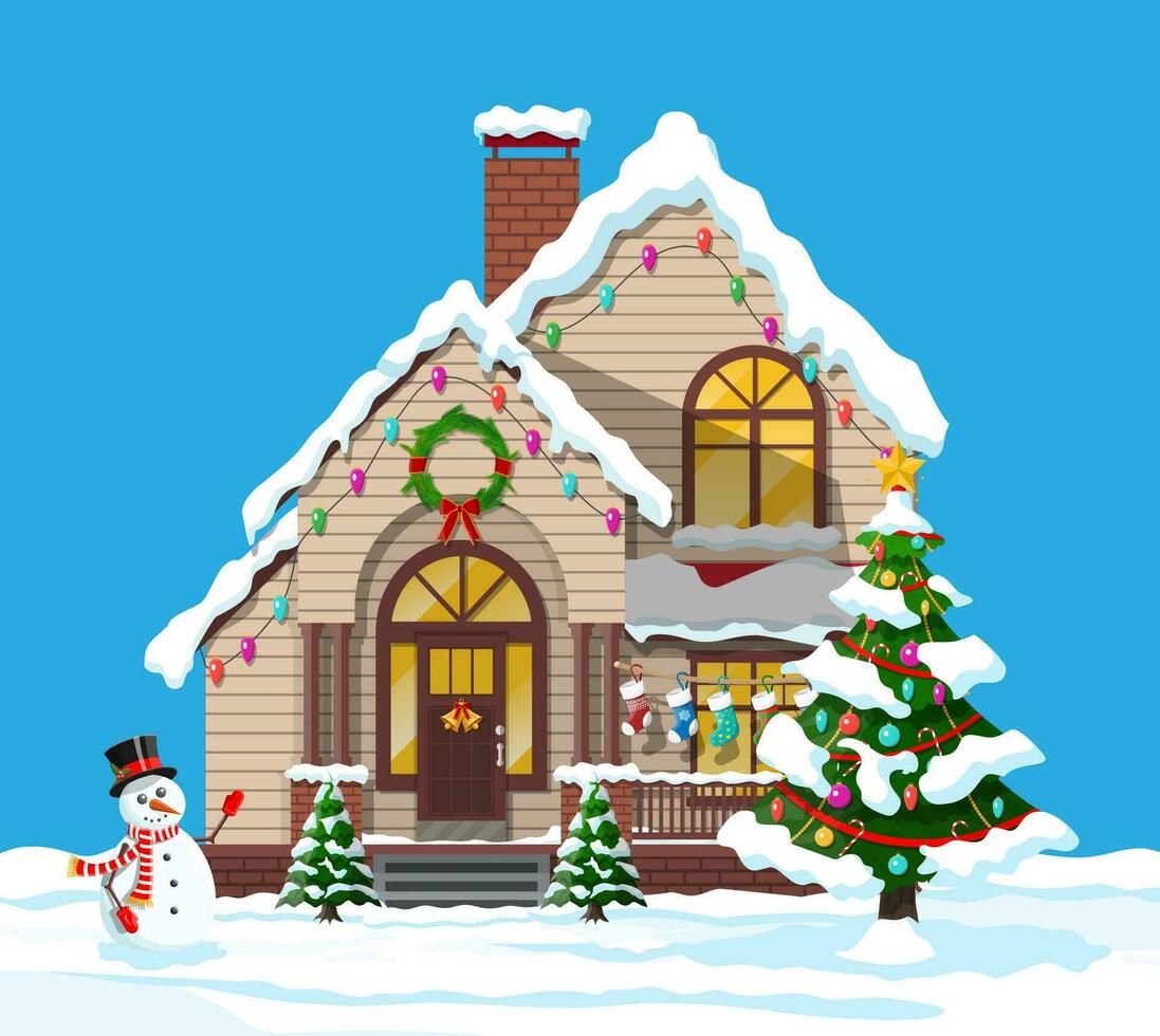 Suburban house covered snow. Building in holiday ornament. Christmas tree spruce, snowman. Happy new year decoration. Merry christmas holiday. New year and xmas celebration. Vector illustration