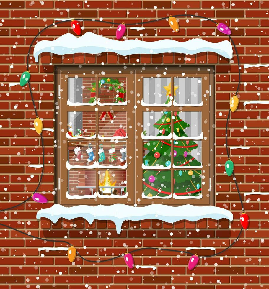 Christmas window in brick wall. Living room with christmas tree and fireplace. Happy new year decoration. Merry christmas holiday. New year and xmas celebration. Vector illustration flat style