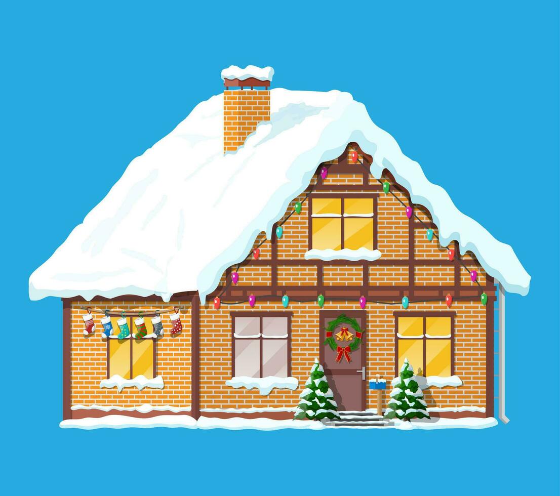 Suburban house covered snow. Building in holiday ornament. Christmas tree spruce, wreath. Happy new year decoration. Merry christmas holiday. New year and xmas celebration. Vector illustration