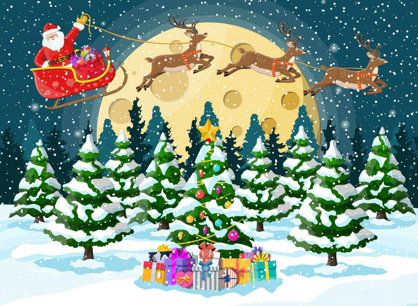 Navidad antecedentes. árbol regalo cajas, Papa Noel claus paseos reno trineo. noche invierno paisaje abeto arboles bosque Luna llena nevando nuevo año celebracion Navidad día festivo. vector ilustración plano estilo